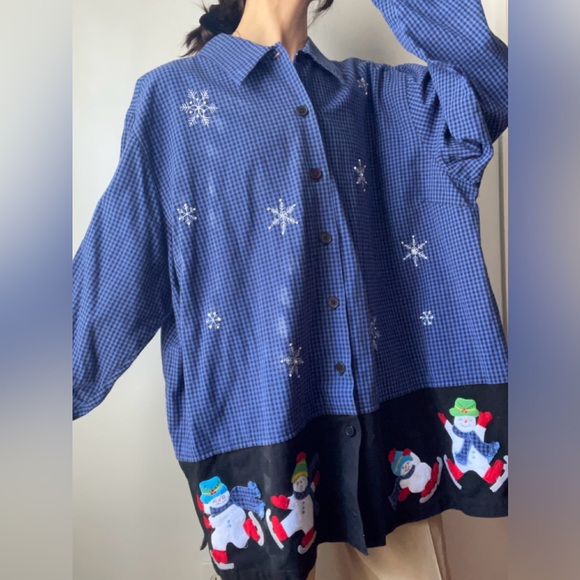 Vintage winter snowman / snowflake button up - Picture 1 of 6